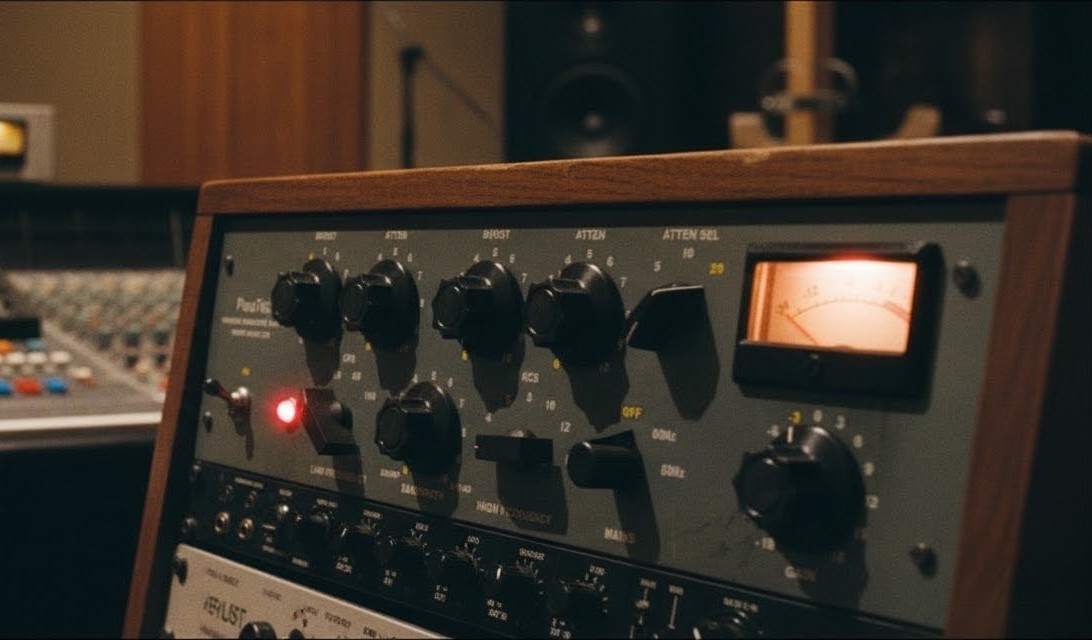 Waves PuigTec EQP-1A EQ analogue modelled vintage equaliser as a 19" unit in-situ in a studio rack, close crop
