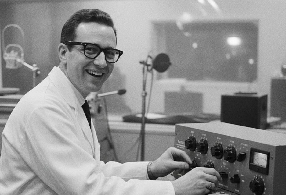 An engineer adjusting the controls of a PULTEC EQ in the 1950s