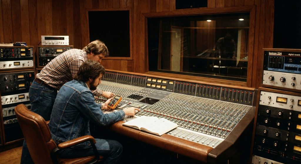 An SSL SL 4000 E console undergoing final checks in a late-70s studio, showcasing the advanced routing, VCA dynamics and automation philosophy pioneered by Colin Sanders. Scenes like this defined the transition from classic analogue desks to the scalable, computer-assisted SSL workflow still echoed in today’s channel-strip plugins.