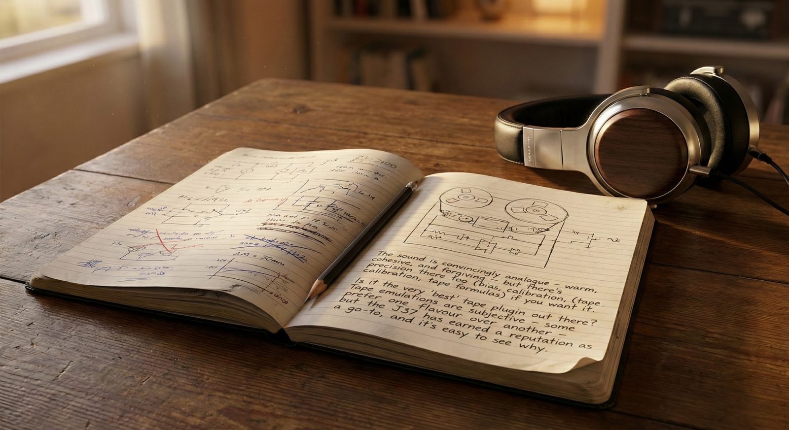 Open audio engineering notebook with handwritten tape-machine diagrams and review notes, pencil bookmark, and high-end studio headphones on a vintage wooden desk in warm evening light.