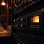 Atmospheric render of an 1176-style compressor in a rack in a warmly-lit studio environment