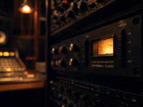 Atmospheric render of an 1176-style compressor in a rack in a warmly-lit studio environment