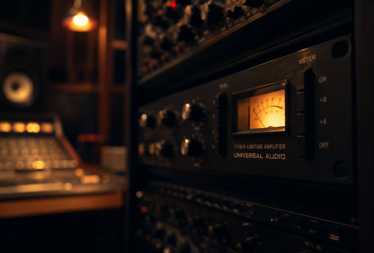 Atmospheric render of an 1176-style compressor in a rack in a warmly-lit studio environment