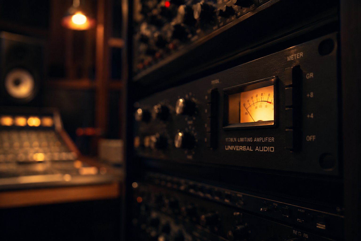 Atmospheric render of an 1176-style compressor in a rack in a warmly-lit studio environment