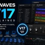 Waves V17 article graphic featuring StudioVerse Mix Unlock, the redesigned preset menu, plugin controls, audio waveforms and compatibility information.
