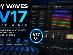 Waves V17 article graphic featuring StudioVerse Mix Unlock, the redesigned preset menu, plugin controls, audio waveforms and compatibility information.
