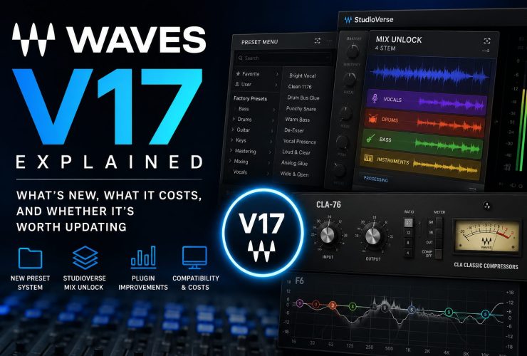 Waves V17 article graphic featuring StudioVerse Mix Unlock, the redesigned preset menu, plugin controls, audio waveforms and compatibility information.