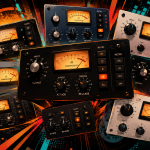 Stylised collage of 1176-style compressor plugins with VU meters, knobs, ratio buttons, and colourful FET compressor panels.