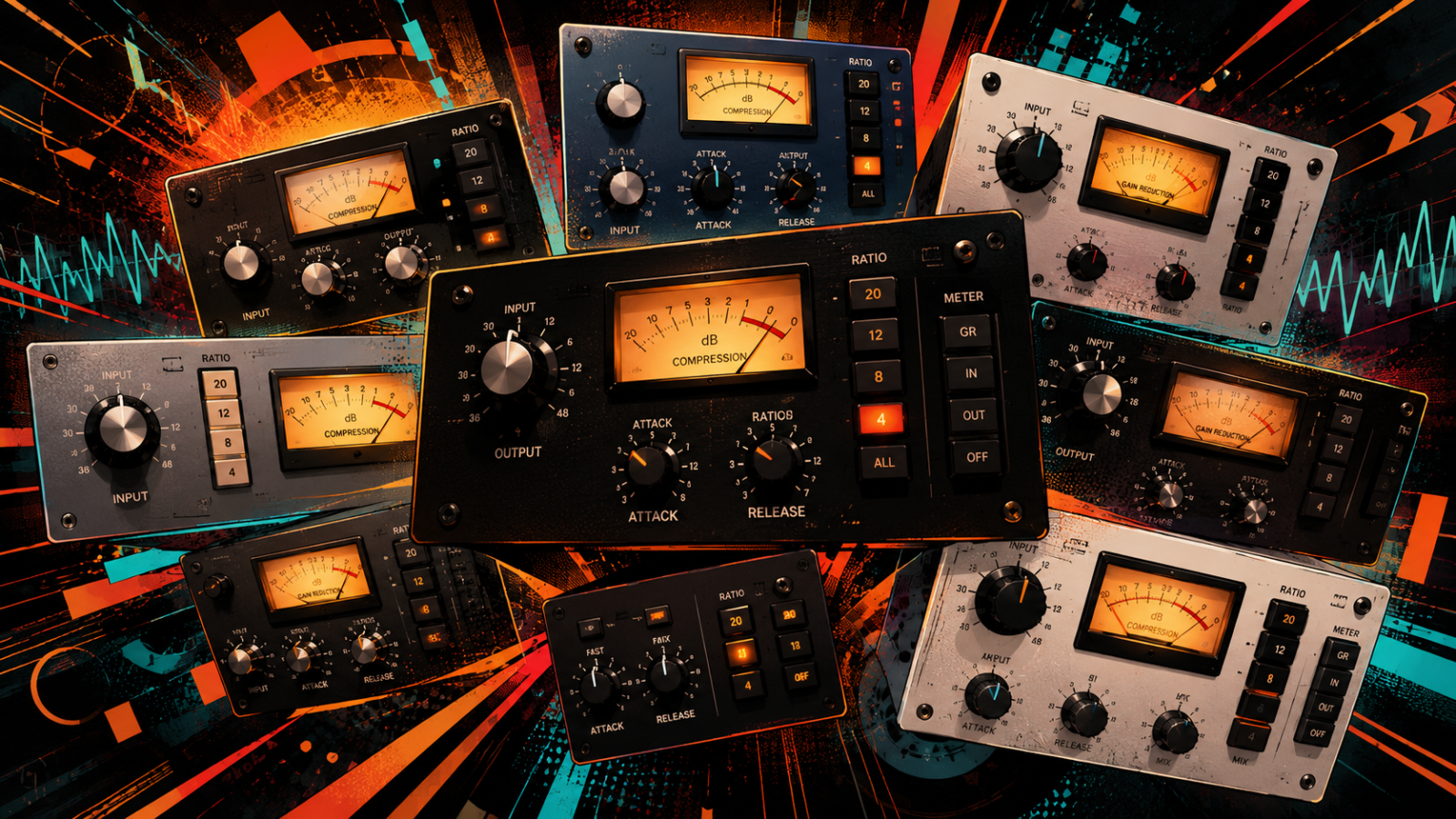 Stylised collage of 1176-style compressor plugins with VU meters, knobs, ratio buttons, and colourful FET compressor panels.