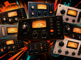 Stylised collage of 1176-style compressor plugins with VU meters, knobs, ratio buttons, and colourful FET compressor panels.