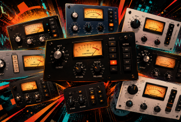 Stylised collage of 1176-style compressor plugins with VU meters, knobs, ratio buttons, and colourful FET compressor panels.