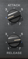 Close up of the attack and release controls on the Waves CLA-76 Compressor / Limiter