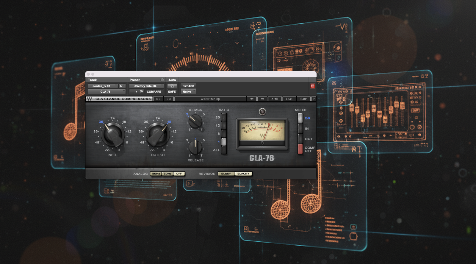An image of the Waves CLA-76 Compressor / Limiter Plugin - seen here overlaid on an audio-inspired abstract background