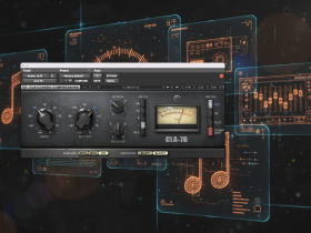 An image of the Waves CLA-76 Compressor / Limiter Plugin - seen here overlaid on an audio-inspired abstract background