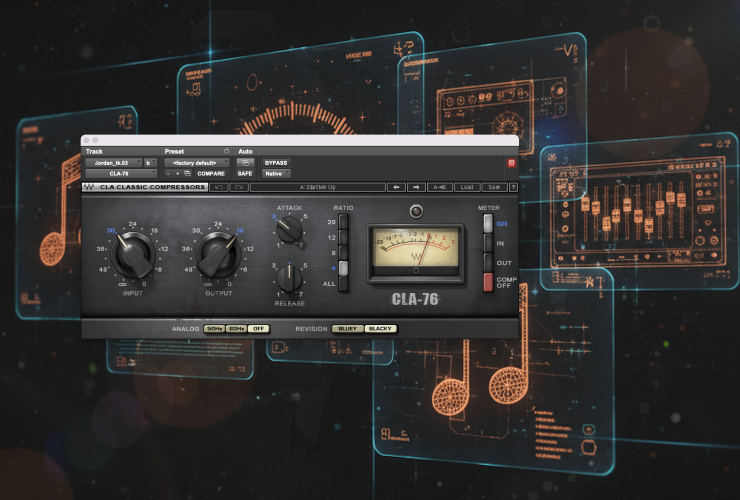 An image of the Waves CLA-76 Compressor / Limiter Plugin - seen here overlaid on an audio-inspired abstract background