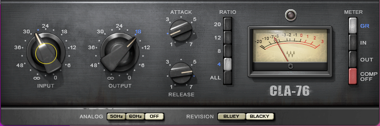 The CLA-76 plugin's full control surface, showing all adjustable controls. This is the Waves 10 version.