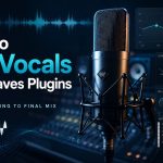 Studio condenser microphone with vocal waveform, EQ, compression, de-essing and pitch-correction graphics, alongside the title “How to Mix Vocals with Waves Plugins”.