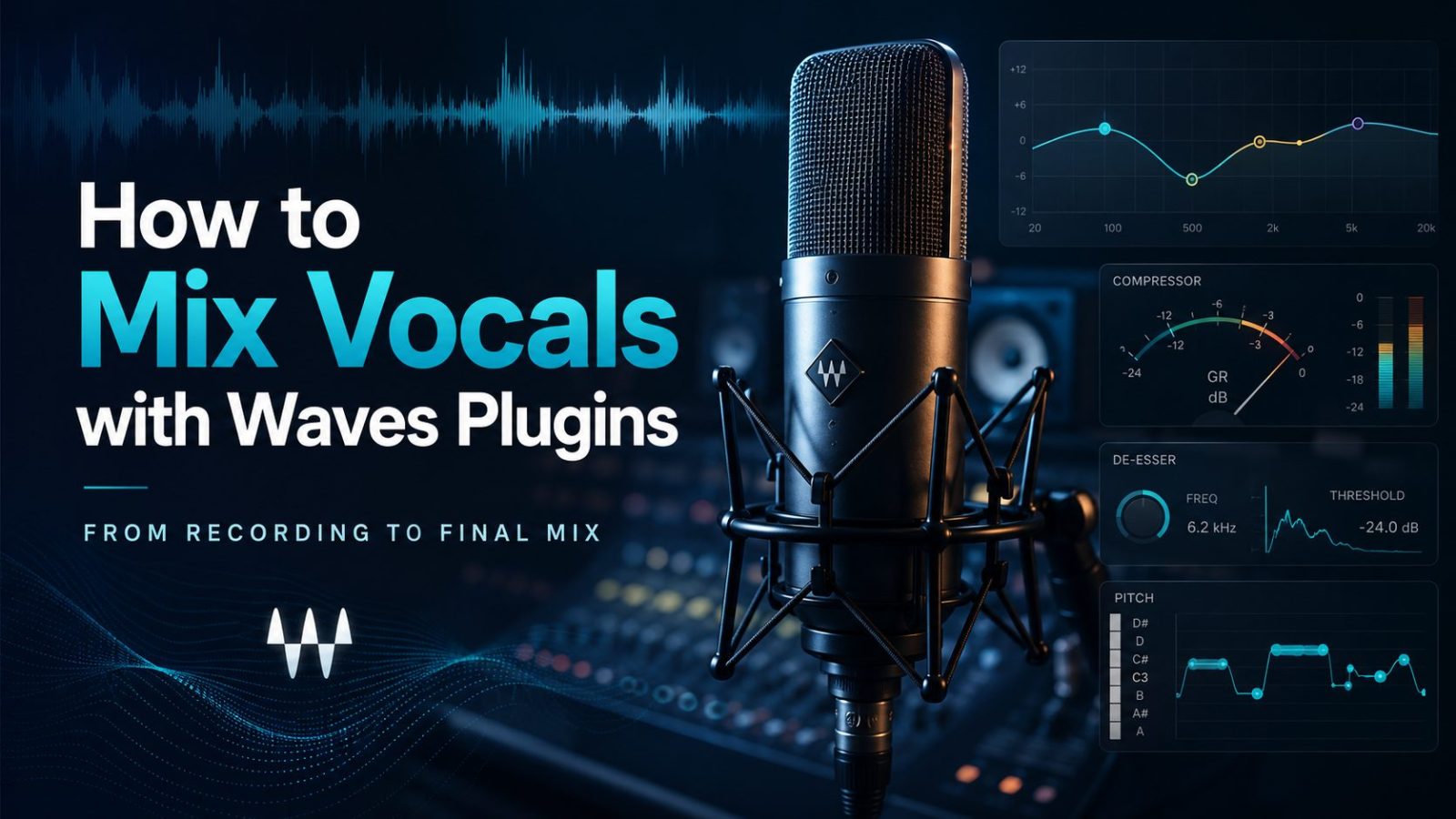 Studio condenser microphone with vocal waveform, EQ, compression, de-essing and pitch-correction graphics, alongside the title “How to Mix Vocals with Waves Plugins”.