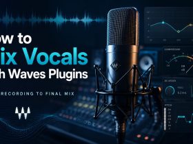 Studio condenser microphone with vocal waveform, EQ, compression, de-essing and pitch-correction graphics, alongside the title “How to Mix Vocals with Waves Plugins”.