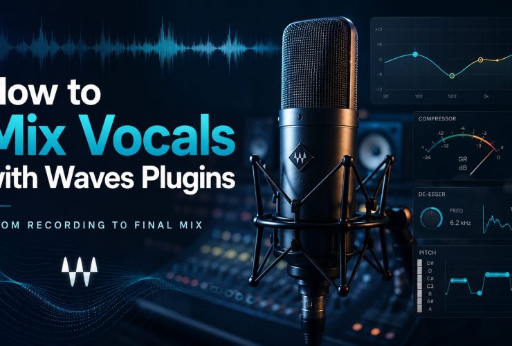 Studio condenser microphone with vocal waveform, EQ, compression, de-essing and pitch-correction graphics, alongside the title “How to Mix Vocals with Waves Plugins”.